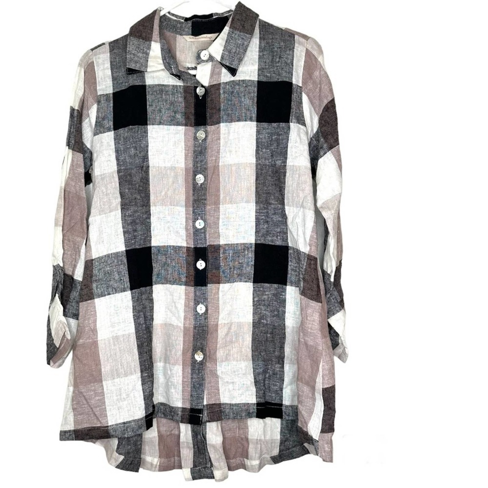 Soft Surroundings Plaid Linen Blend 3/4 Sleeve Button Up Zipper Back Size Medium